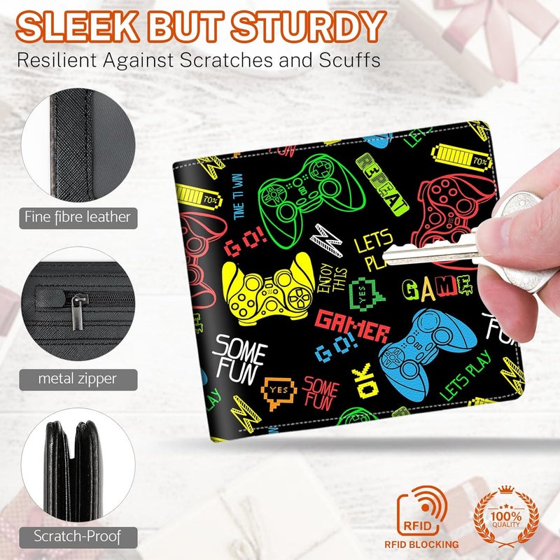 Mindow Boys Wallet for Kids, Teen Boy Gamer Wallets 9-12 8-10 8-12, Cool Novelty Leather Bifold Rfid Blocking Purse Coin Pocket Zipper Id Window for Children Male Youth Guys Gaming Birthday Christmas Gifts - Image 4